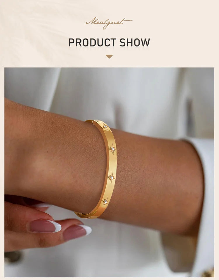 Open Adjustable Star Starburst Cuff Bangle Bracelet for Women Stainless Steel Cubic Zirconia Inlay Charm Layered Jewelry