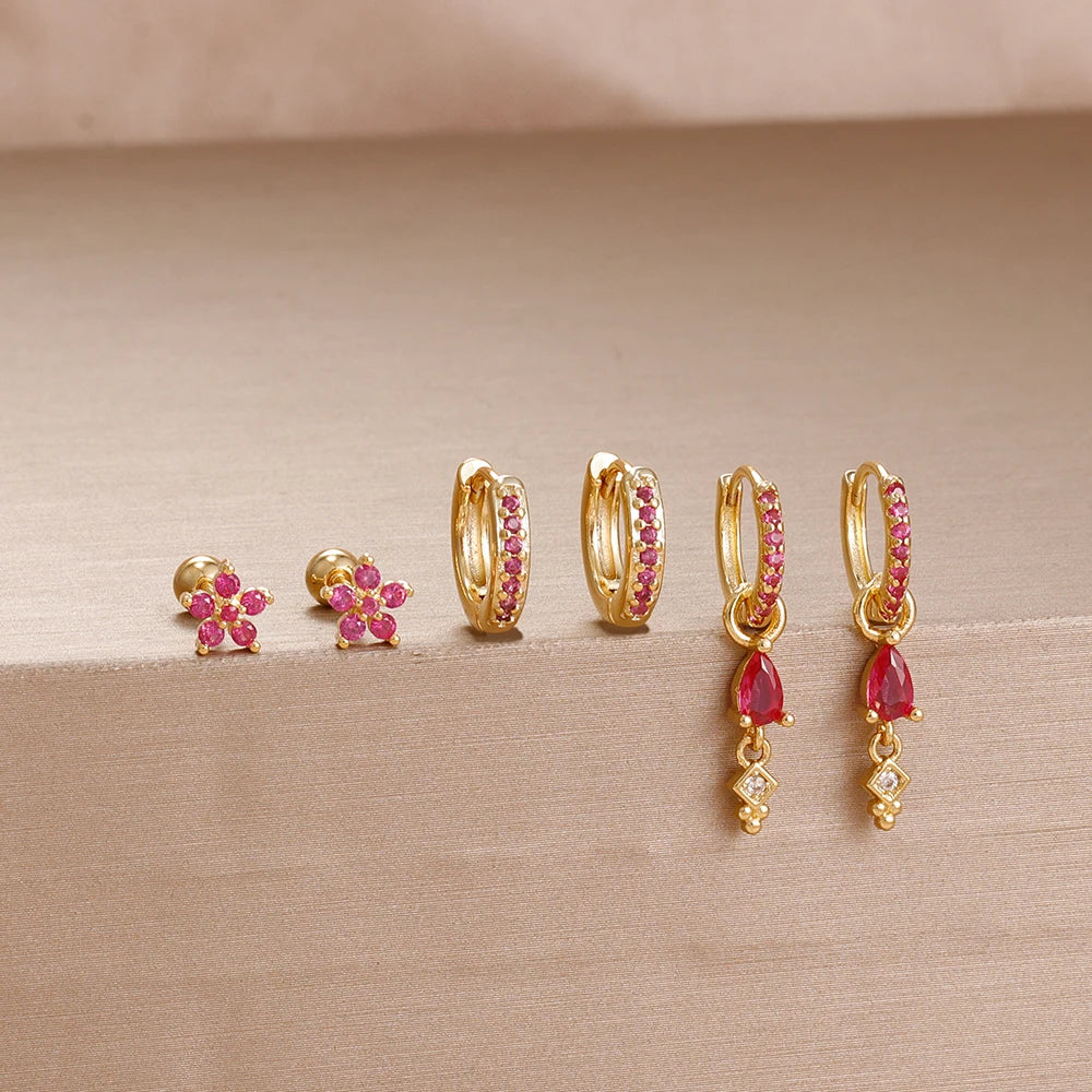6PCS Exquisite Zircon Geometric Circle Earrings Set Gold Colour Steel