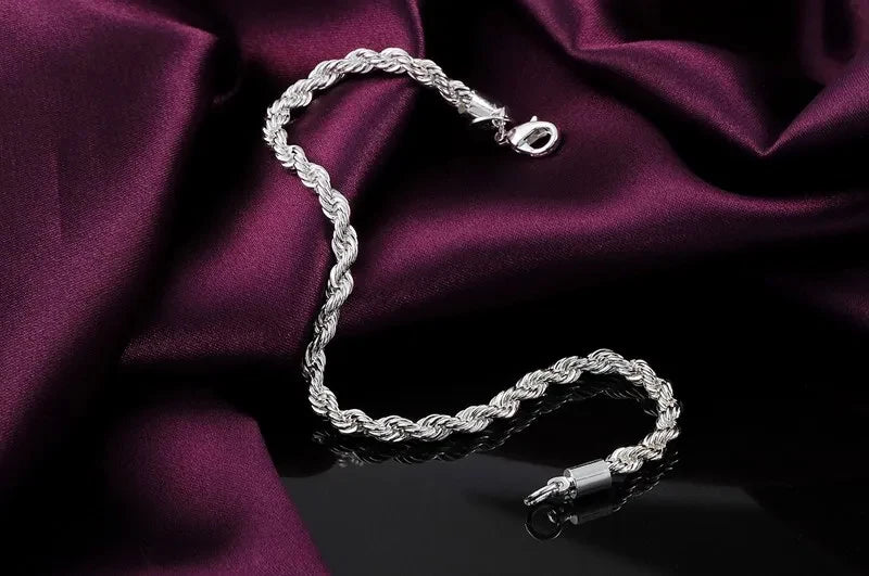4mm Twisted Rope Chain Bracelet 925 Sterling Silver Men Women Christmas Gift