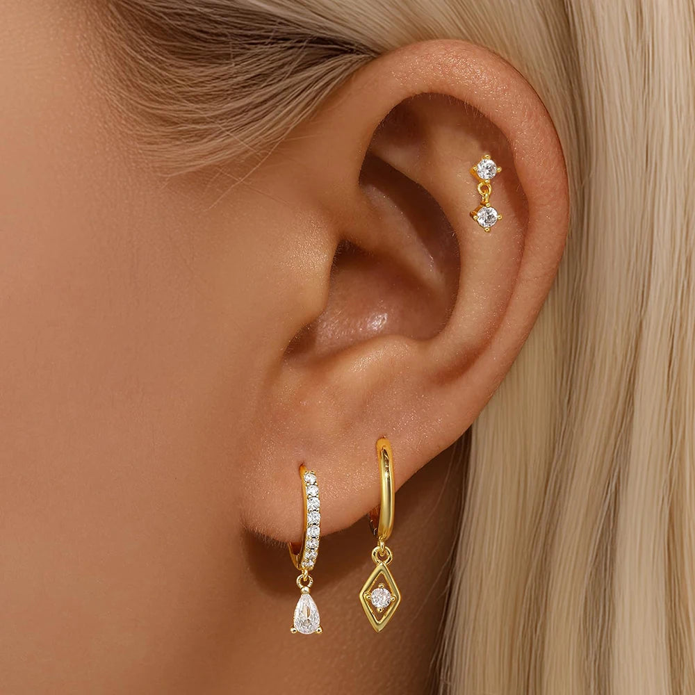 3PCS Stainless Steel Rhombus Pendant Hoop Earrings 18K Gold Plated