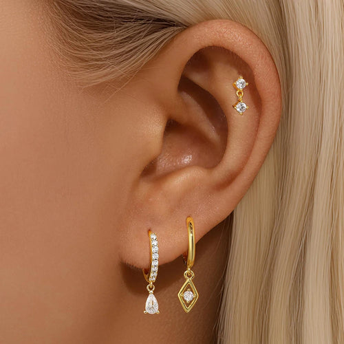 3PCS Stainless Steel Rhombus Pendant Hoop Earrings 18K Gold Plated