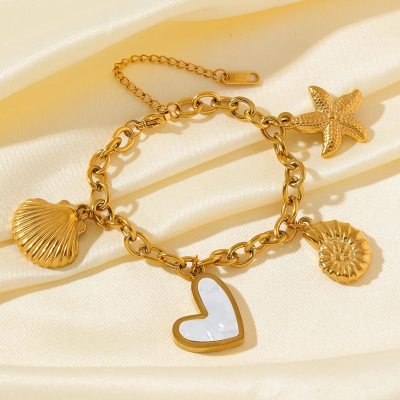 Golden Sun Moon Starfish Stainless Steel Bracelet Handmade Wrist Chain
