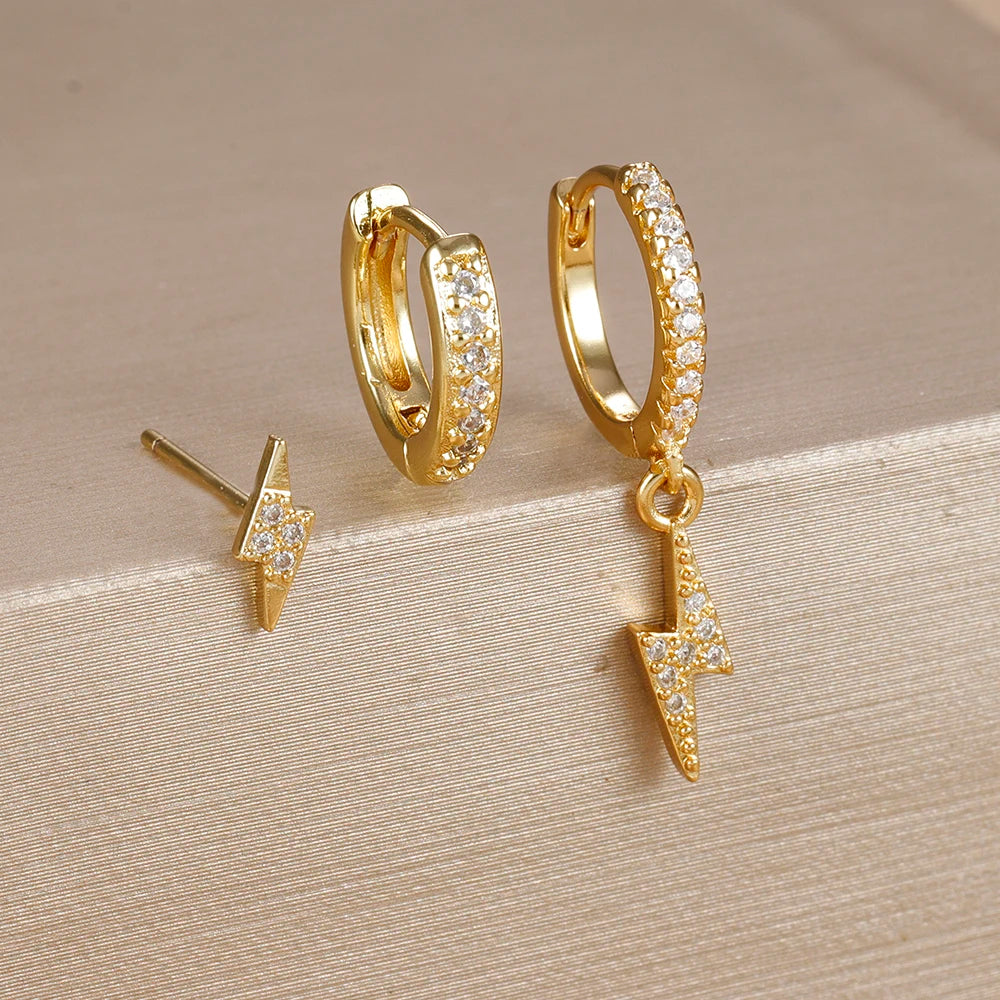 3PCS Gold Plated Lightning Flower Chain Drop Earrings Zircon Dangle