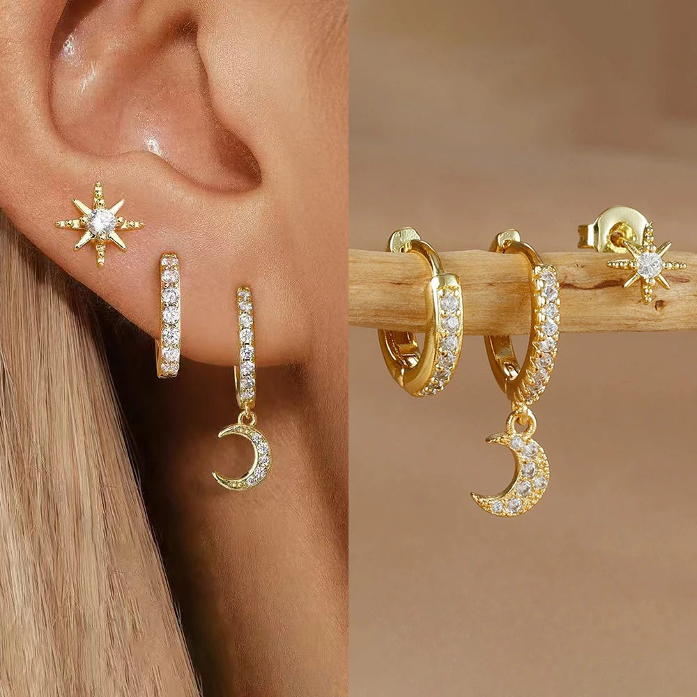 3PCS Gold Silver Star Moon Hanging Earrings Set Stainless Steel