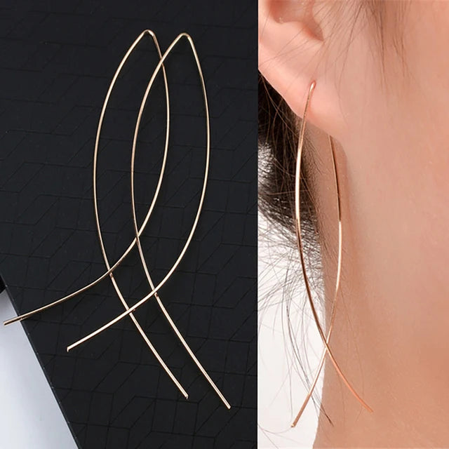 Korean Vintage Glossy Arc Bar Long Tassel Drop Earrings Gold Colour