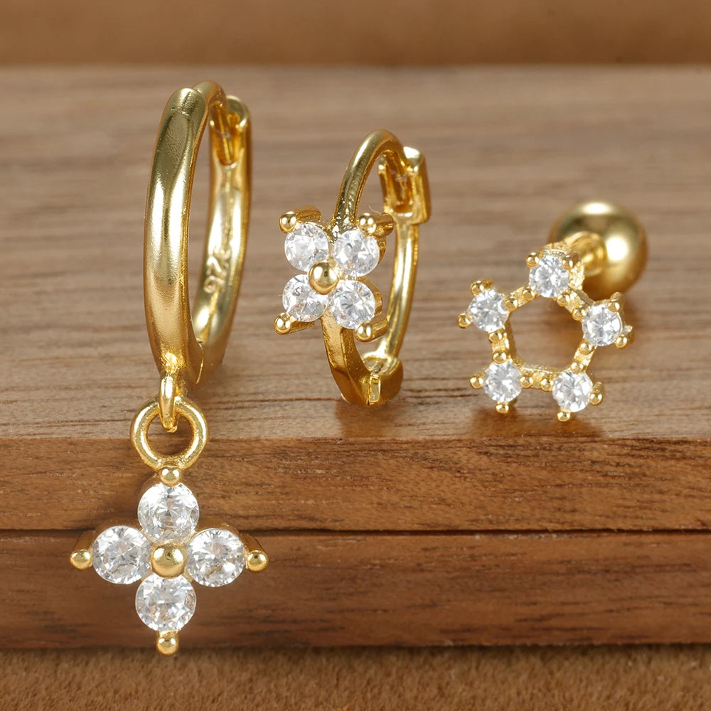 3PCS Four Flower Zircon Little Hoop Earring Star Cartilage Piercing