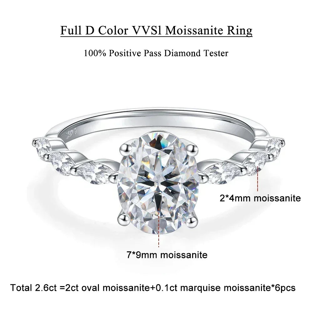 2CT Full Moissanite Engagement Ring Oval Marquise Cut Diamond 925 Sterling Silver GRA Certified
