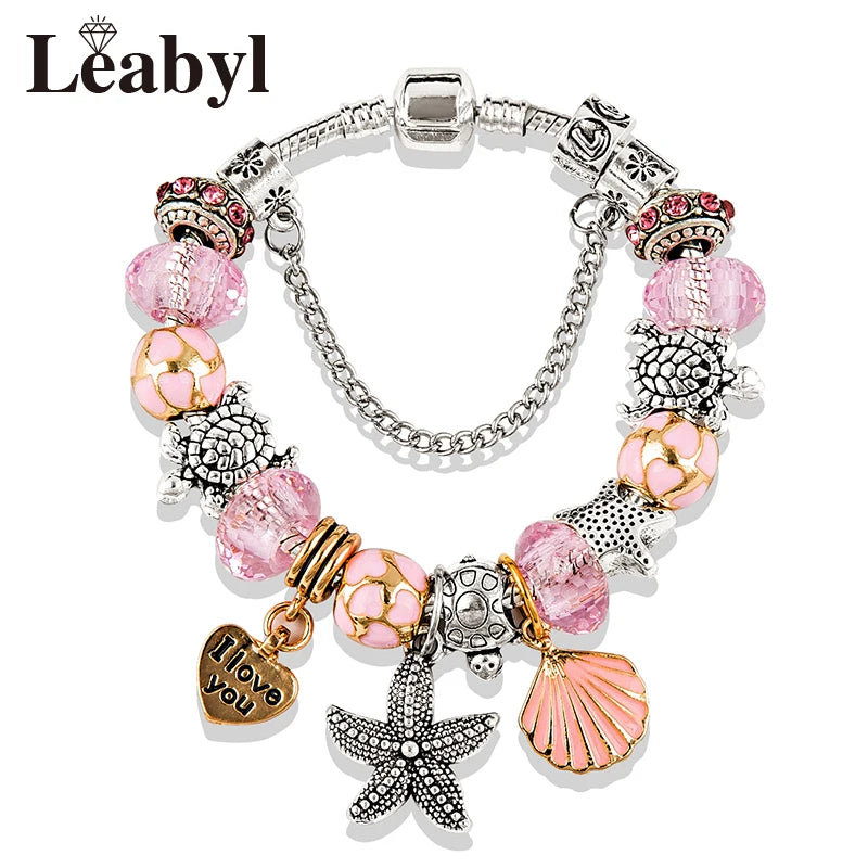Romantic Pink Heart Charm Bracelet Fine Crystal DIY Bead Bangle Gift