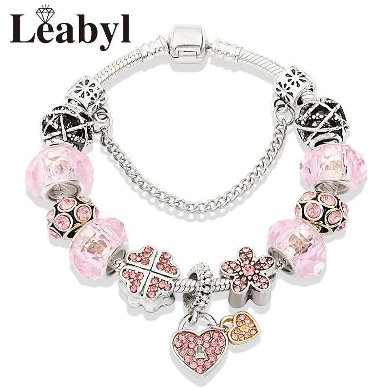 Romantic Pink Heart Charm Bracelet Fine Crystal DIY Bead Bangle Gift
