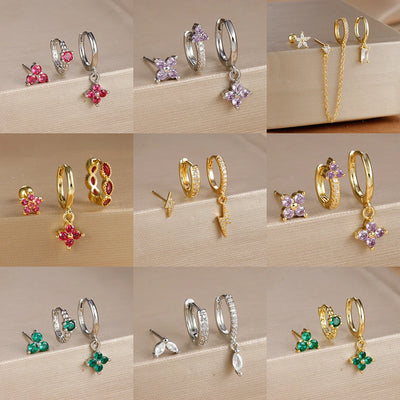 3PCS Gold Plated Lightning Flower Chain Drop Earrings Zircon Dangle
