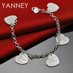 925 Sterling Silver 8-inch 4-Heart Pendant Bracelet Women Wedding Jewellery