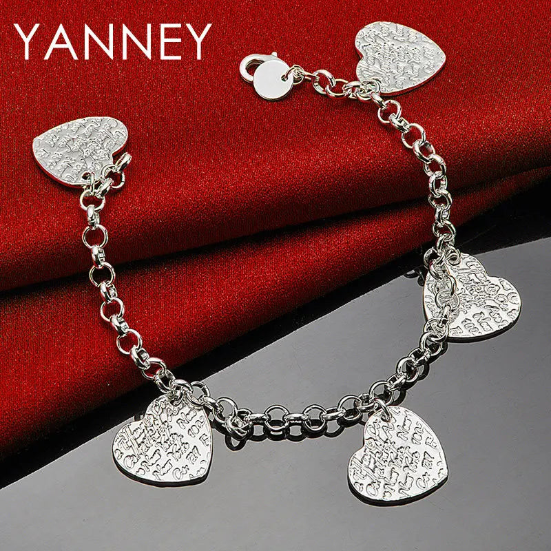 925 Sterling Silver 8-inch 4-Heart Pendant Bracelet Women Wedding Jewellery