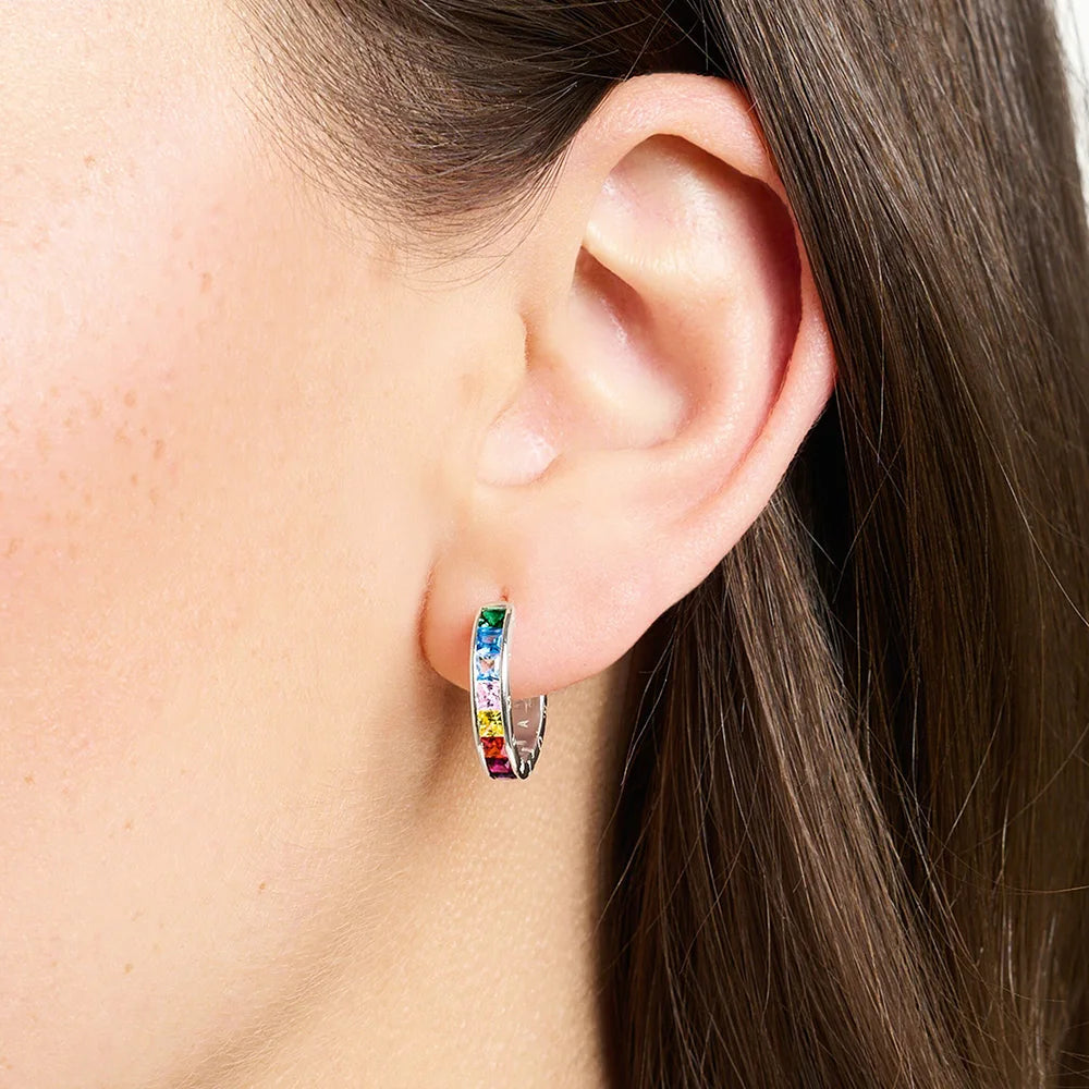Rainbow Stone Hoop Earrings Creole 925 Sterling Silver Bohemia Gift