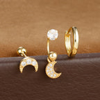 3pcs Stainless Steel Zircon Huggie Hoop Earrings Set Star Moon