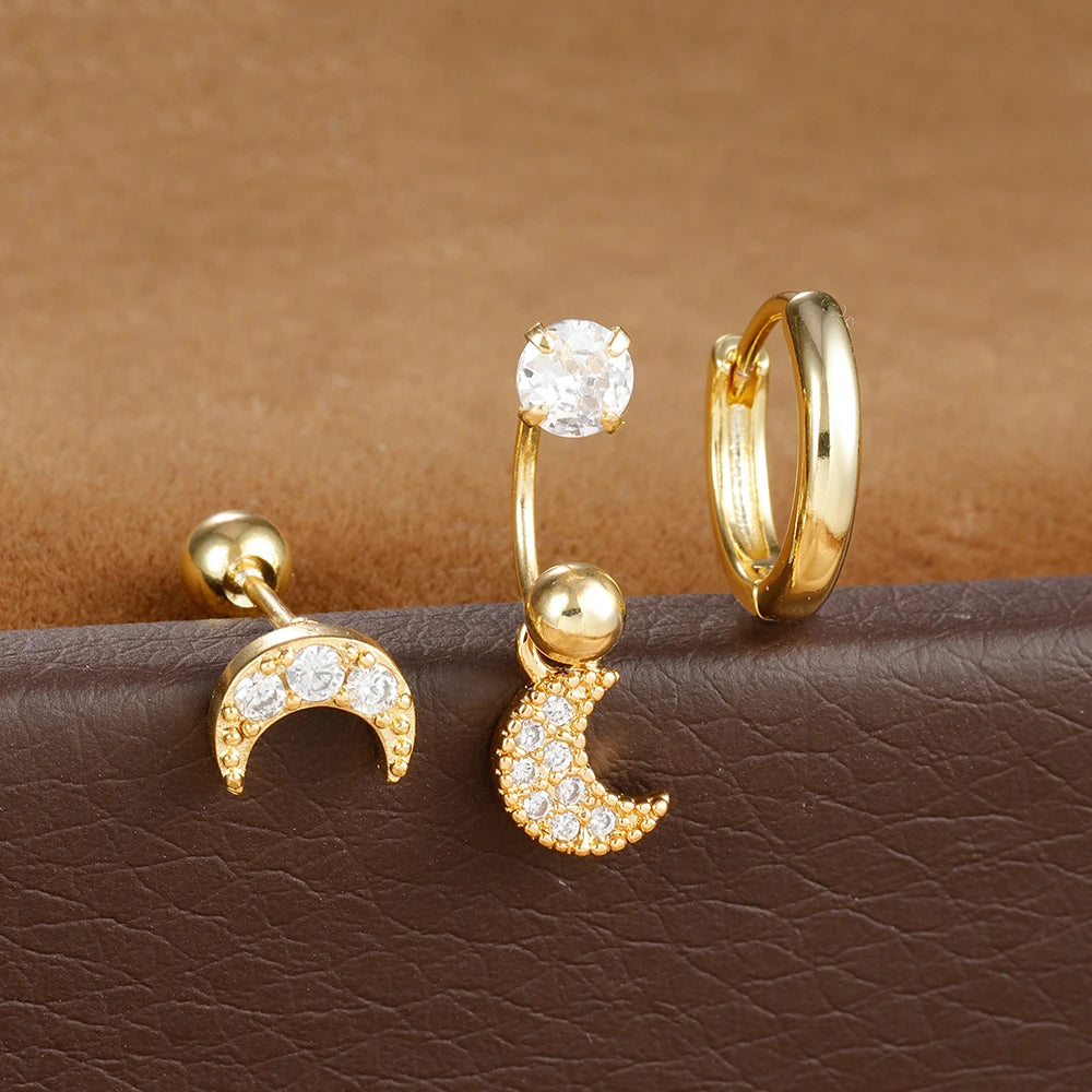 3pcs Stainless Steel Zircon Huggie Hoop Earrings Set Star Moon