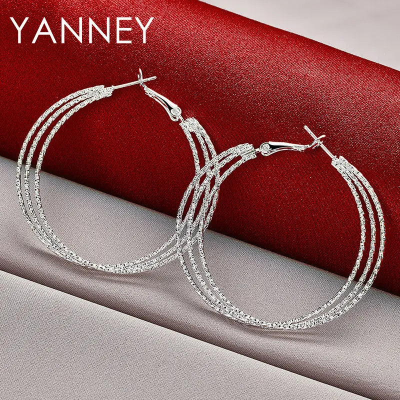 925 Sterling Silver 50mm Frosted 3 Circle Hoop Earrings Women Fashion Wedding