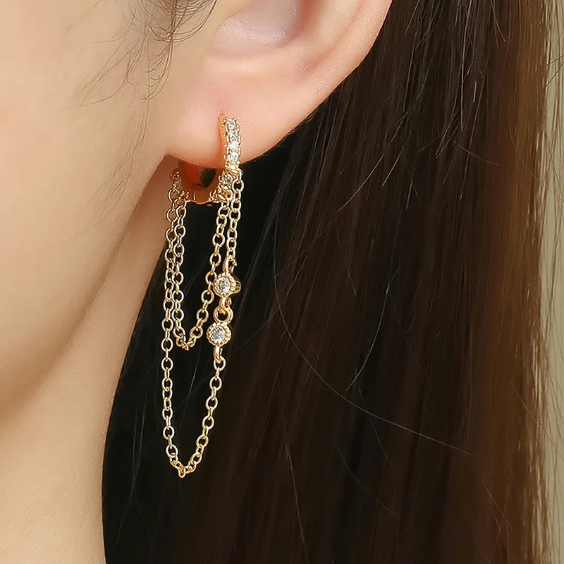 2PCS Gold Colour Crystal Zirconia Chain Hoop Earrings Small Pendant