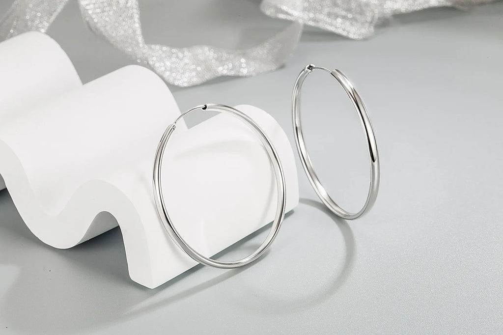 925 Sterling Silver 3mm Thick Hoop Earrings Women 3.5/5/6cm Luxury Jewellery