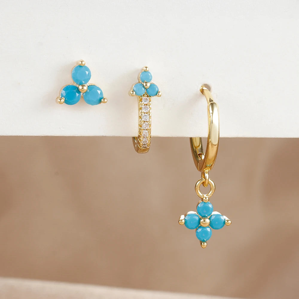 3PCS Fashion Stainless Steel Flower Small Hoop Earrings Set 18K Gold
