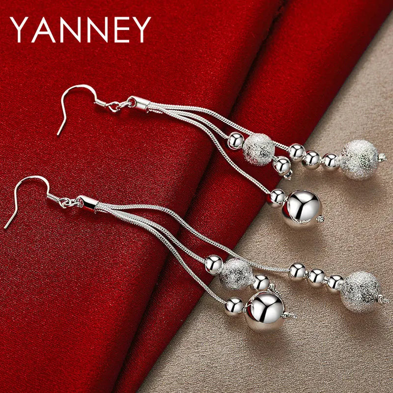925 Sterling Silver 95mm Long Tassel Beads Earrings Women Fashion Wedding