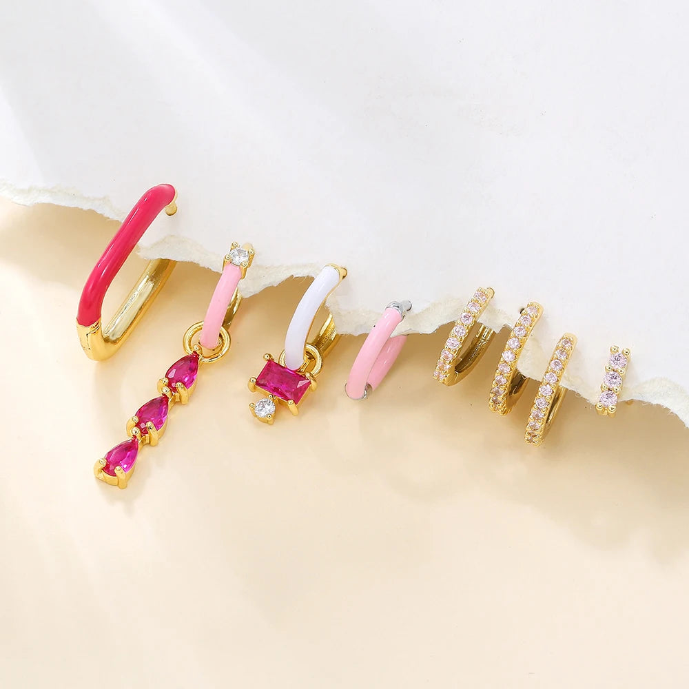 Stainless Steel Zircon Geometry Dangle Earring 18K Gold Plated Huggie