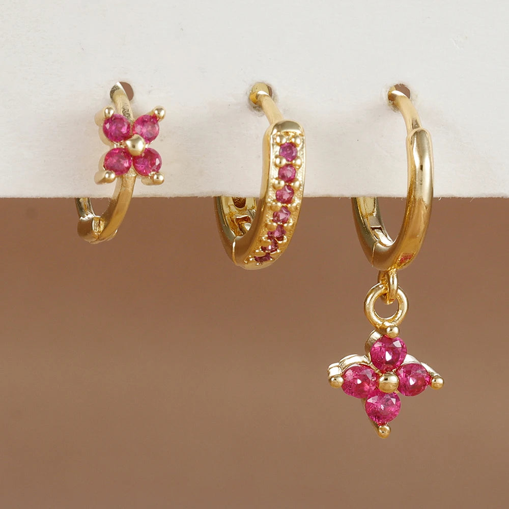 3PCS Trendy Stainless Steel Flower Drop Earring Set Zirconia Dangle
