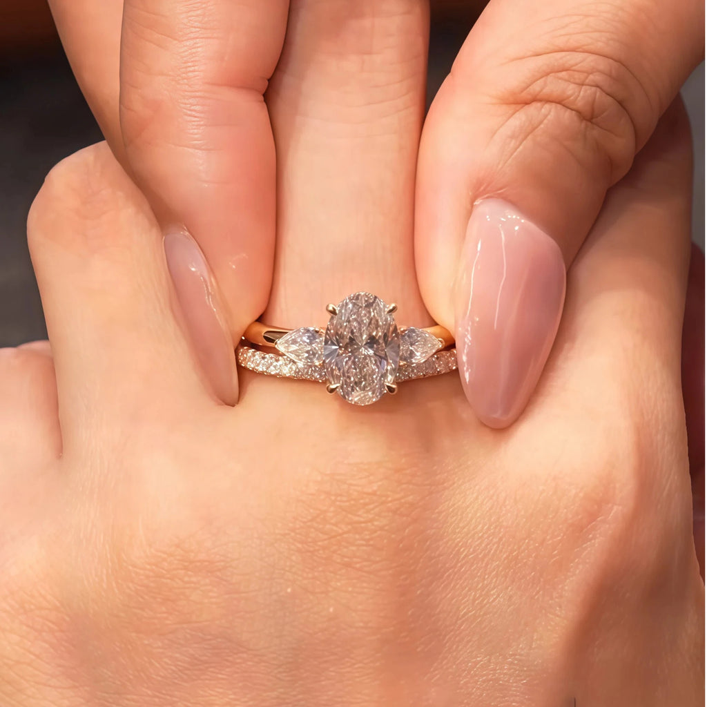 2ct Oval Moissanite Ring Set with Side Pear Diamond Stackable Wedding Band 925 Sterling Silver