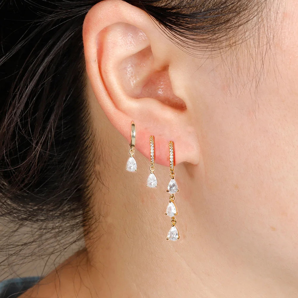 3PCS Stainless Steel Water Drop Hoop Earrings 18K Gold Plated Zirconia