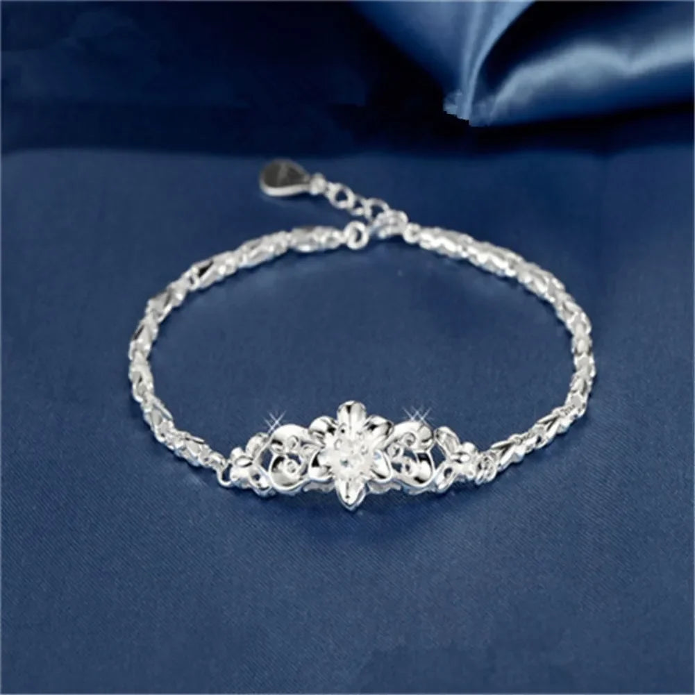 Beautiful Flowers Chain Charm Bracelet 925 Sterling Silver Women Fashion Gift