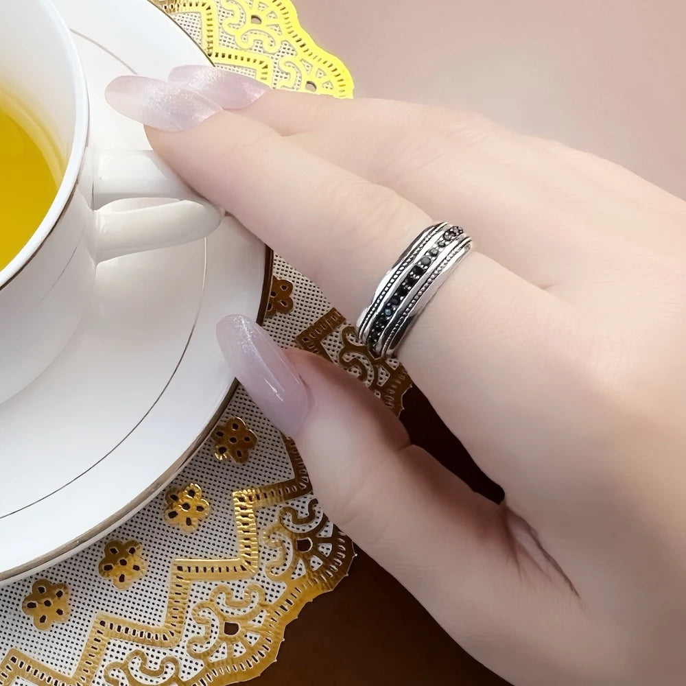 Black CZ Lane Ring 925 Sterling Silver Vintage Fine Jewellery Men Women Gift