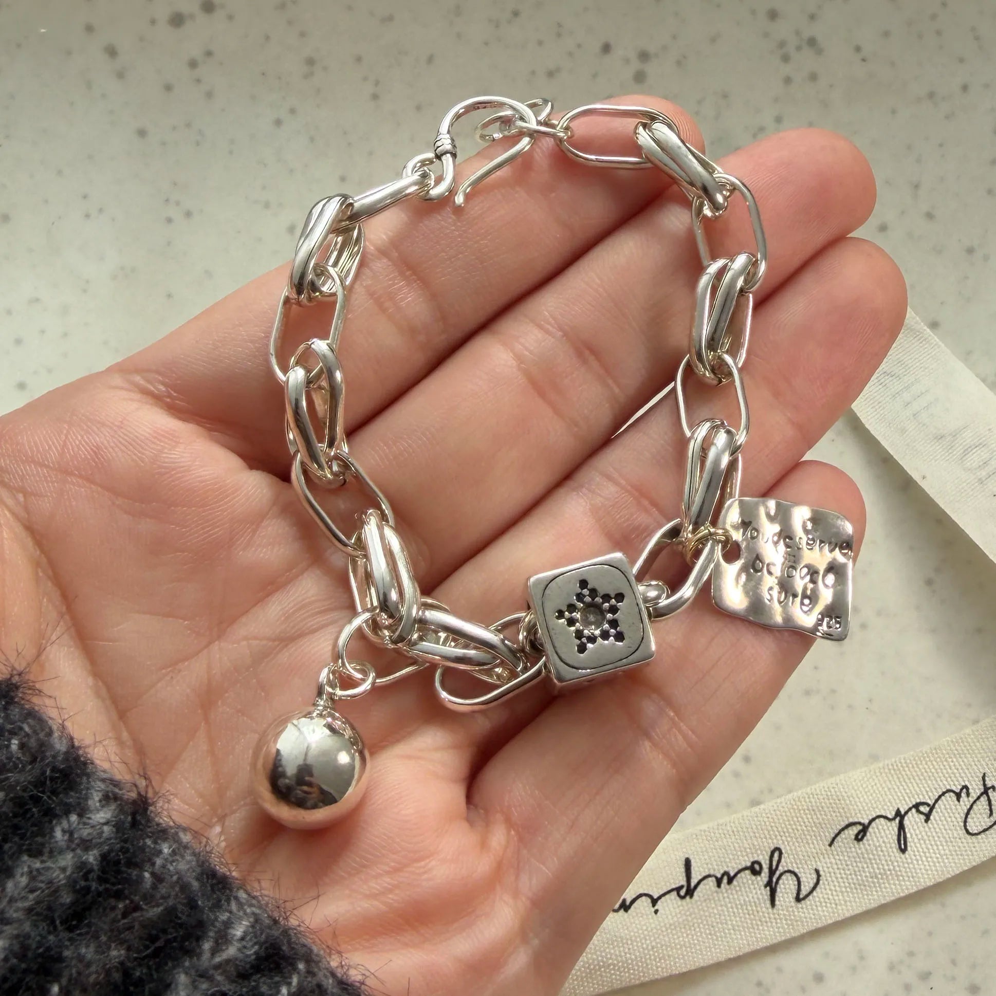 100% Solid 925 Sterling Silver Metal Bracelet for Women Men Vintage Heart Letters Handmade Simple Birthday Gift