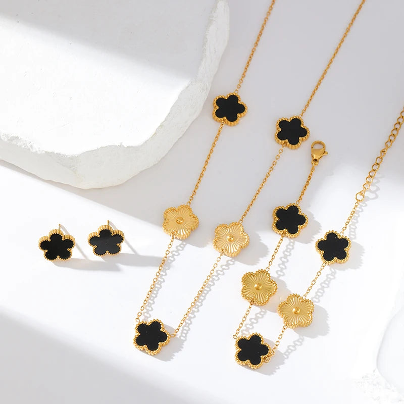 Five Leaf Clover Stainless Steel Bracelet Black Flower Wrist Chain