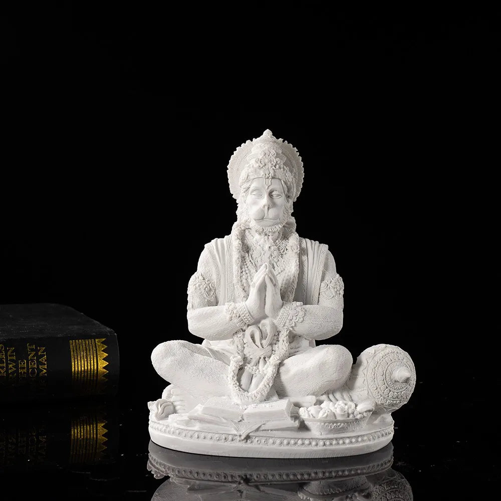 Sandstone White Hanuman Statue Hindu Monkey God Sculpture Yoga Meditation Decor
