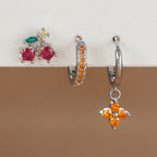 3PCS Stainless Steel Orange Zirconia Flower Pendant Hanging Earrings Set