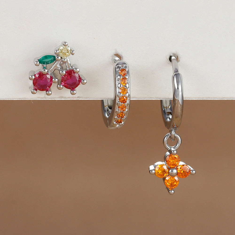 3PCS Stainless Steel Orange Zirconia Flower Pendant Hanging Earrings Set