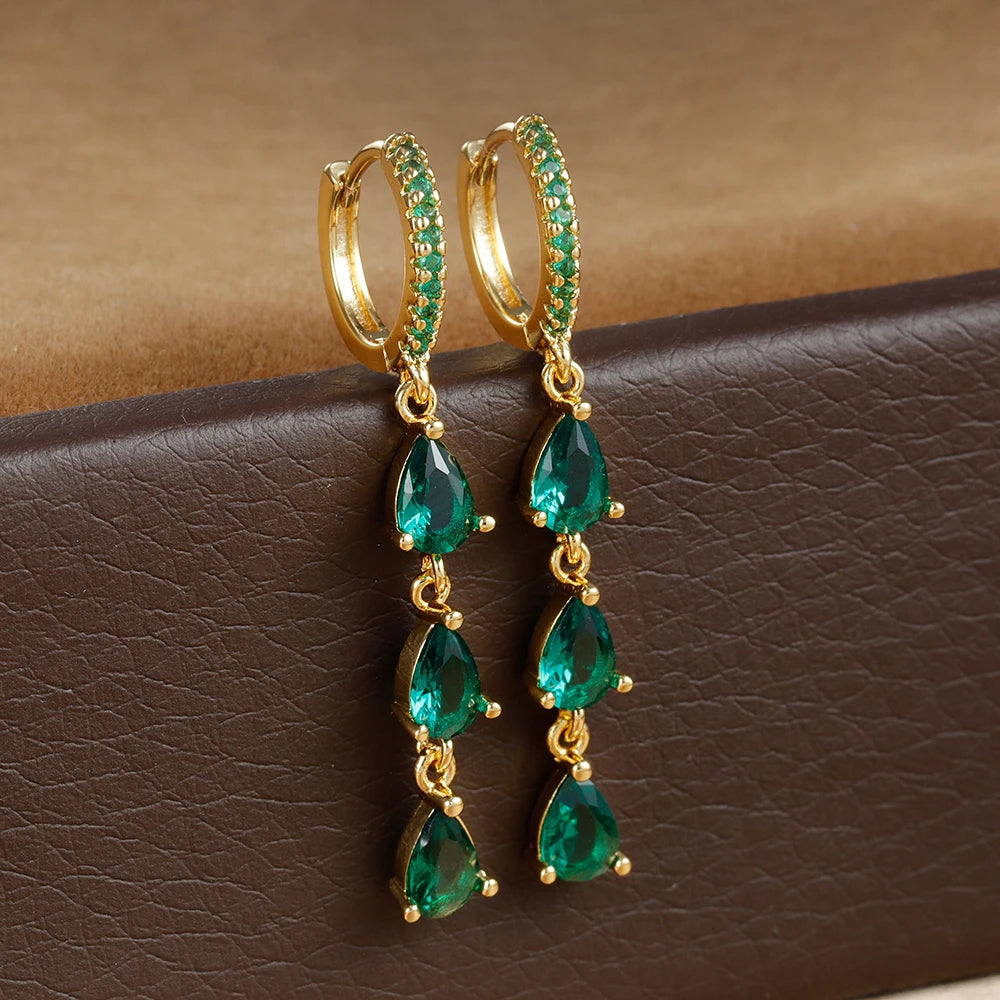 2PCS Luxury Stainless Steel Water Drop Pendant Earrings CZ Zircon