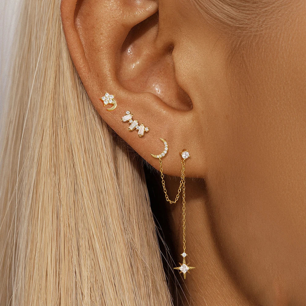 3PCS Stainless Steel Fashion Tassel Chain Stud Piercing Earrings Set