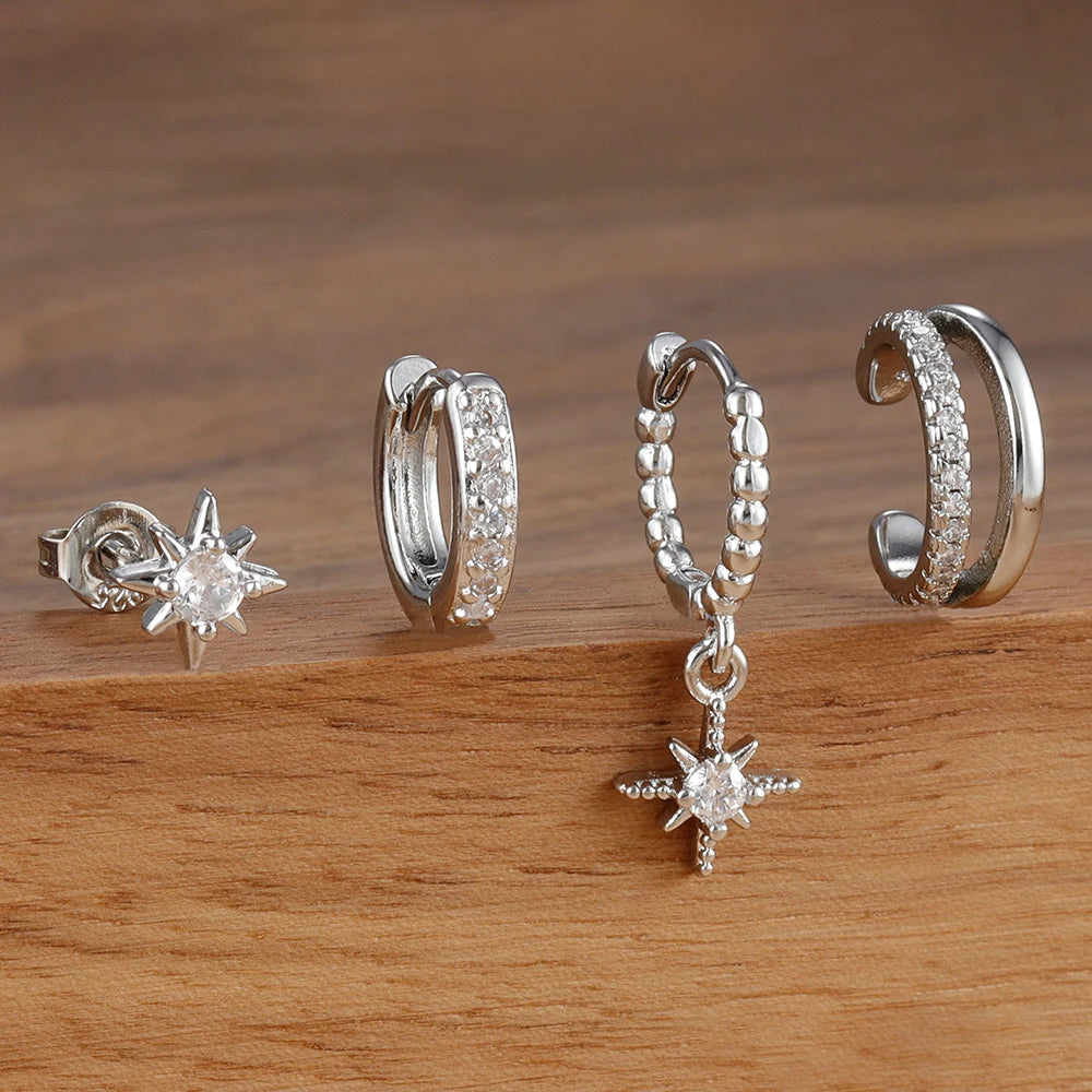 4pcs Stainless Steel Cubic Zirconia Star Dangle Earring Set Clips