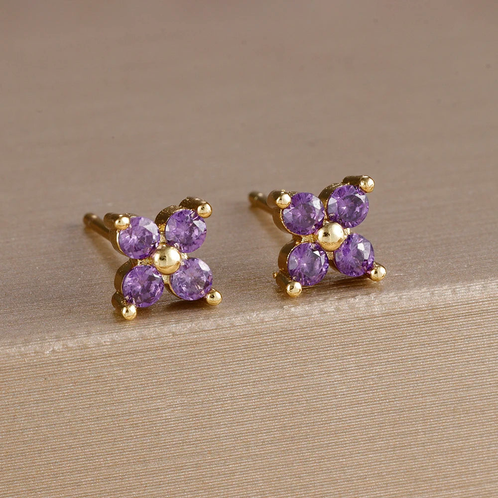 Exquisite Green Zircon Flower Hoop Earrings 18K Gold Plated Steel