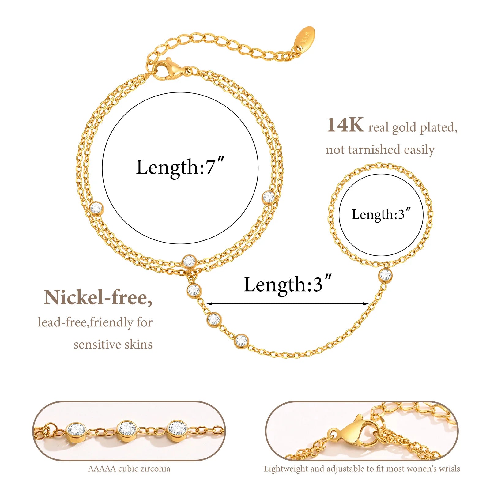 Stainless Steel Hand Chain Ring Bracelet for Women, Adjustable Gold Plated Doule-layer Bracelets, Christmas Party Jewelry
