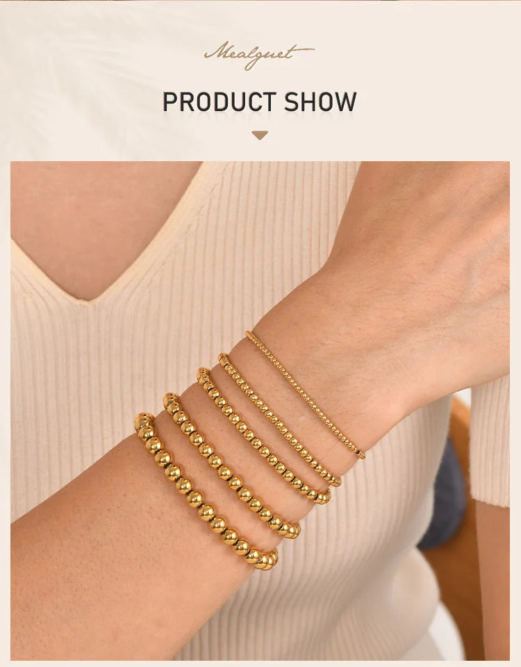Gold Plated Beaded Braceletfor Women, Stainless Steel Stackable Stretchable Bead Ball Bracelet Hypoallergenic
