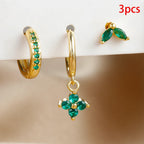 3PCS Exquisite Green Zircon Hanging Earrings Stainless Steel Flower