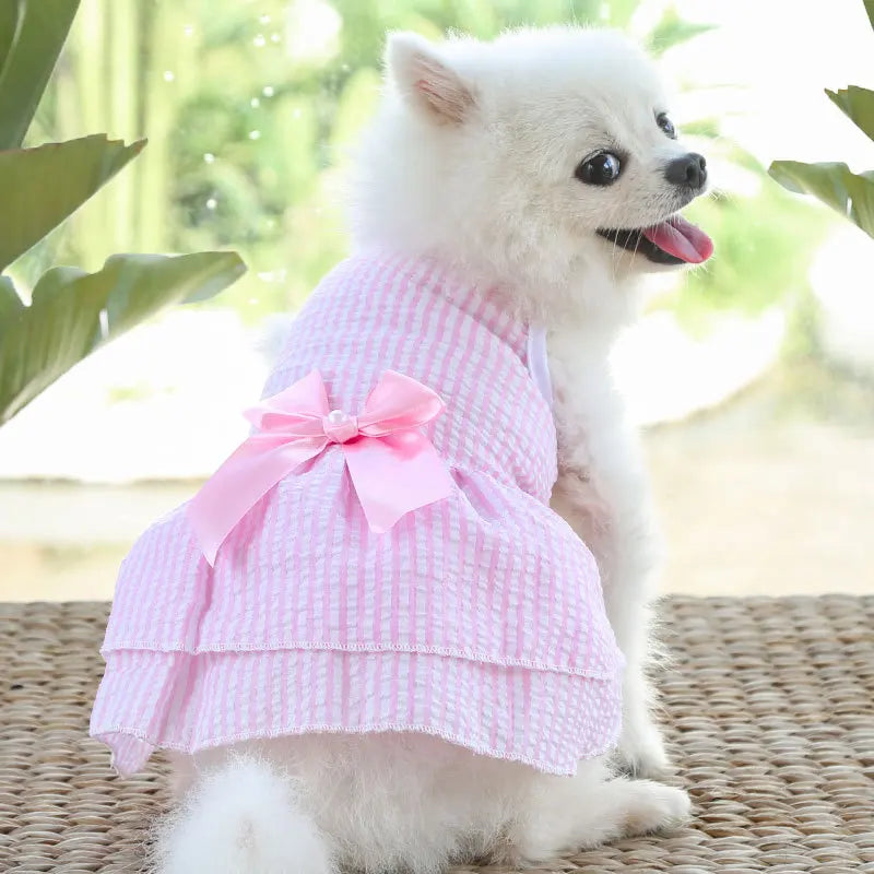 Outdoor Dog Cat Dress with Bow, Cute & Breathable Sundress for Walking, Lightweight Travel Outfit with Bow Tie, Easy Wear for Sm