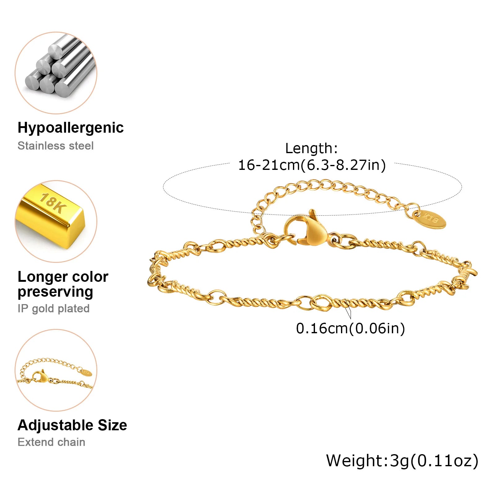 Gold Plated Link Bracelet for Women, Stainless Steel Stackable Chain Wristband, Adjustable Waterproof Jewelry