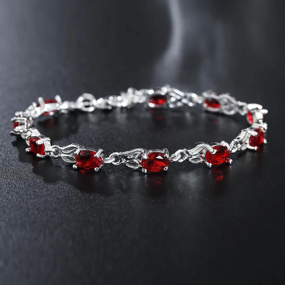Red Crystal Chain Bracelet 925 Sterling Silver Women Fashion Wedding Gift