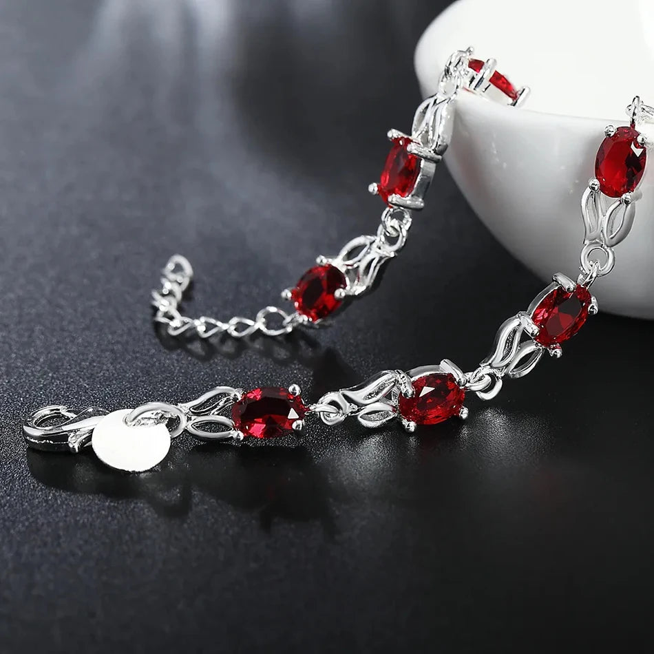 Red Crystal Chain Bracelet 925 Sterling Silver Women Fashion Wedding Gift