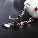 Red Crystal Chain Bracelet 925 Sterling Silver Women Fashion Wedding Gift