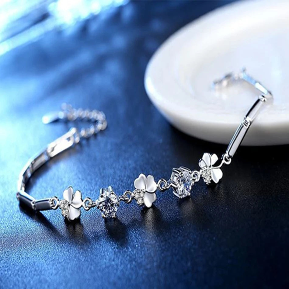 Zircon Lucky Clover Bracelet 925 Sterling Silver Crystals Wedding Jewellery