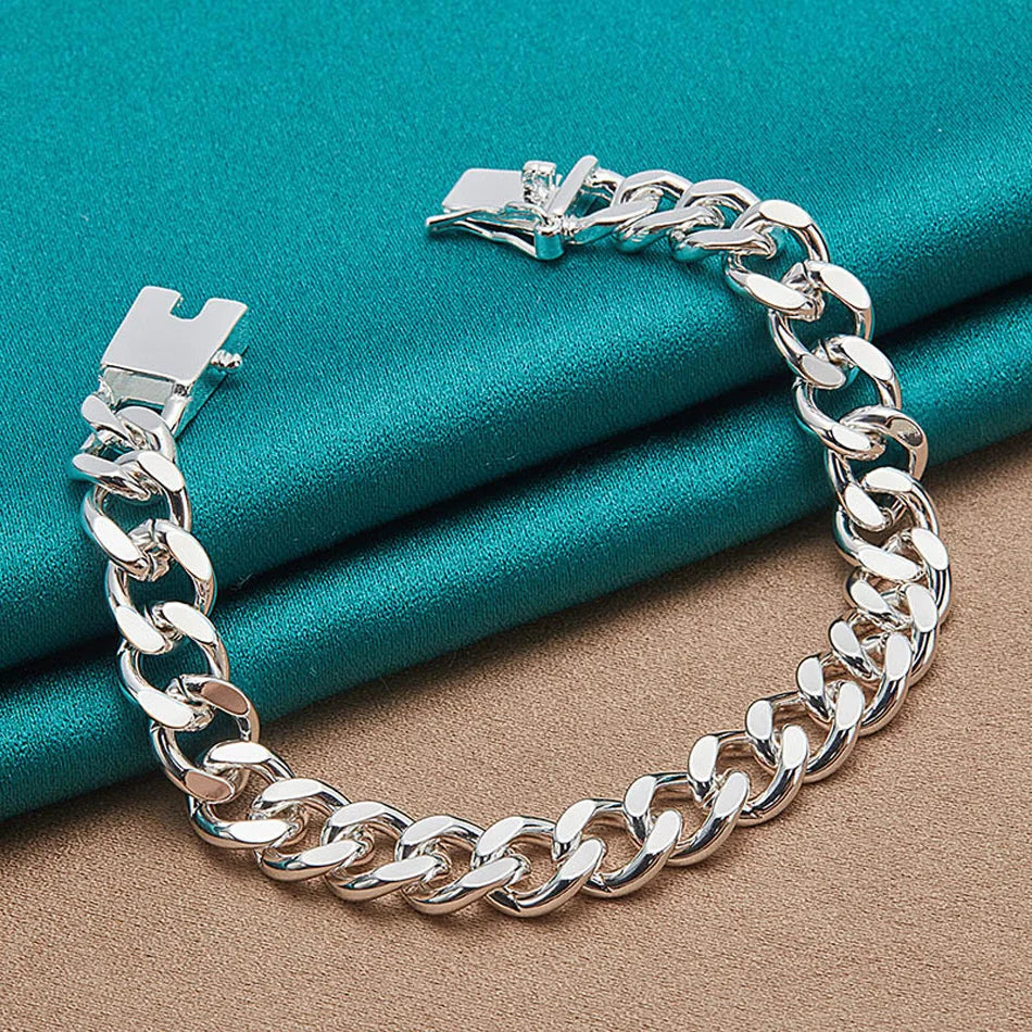 10mm Side Chain Bracelet 925 Sterling Silver Men Women Wedding Charm Gift