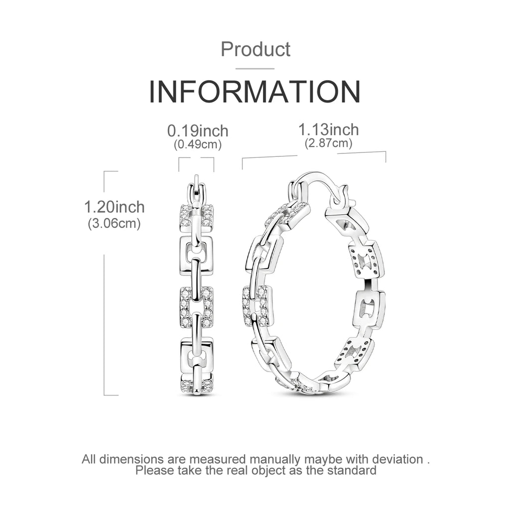 925 Sterling Silver Square Chain Stone Inlaid Hoop Earrings Trendy Jewellery